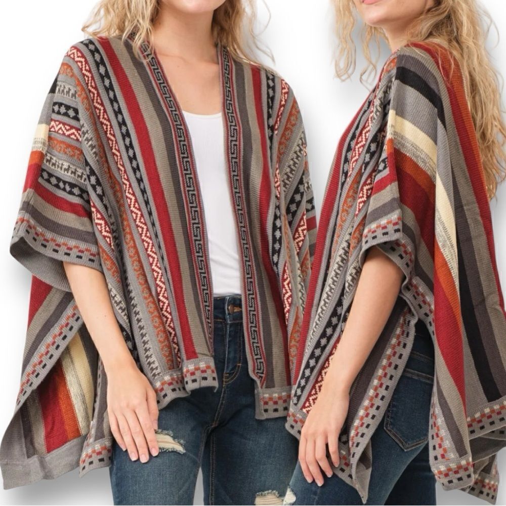 RAJ L.A Women’s Cora Striped Poncho Ruana Classic Gray Multi OS